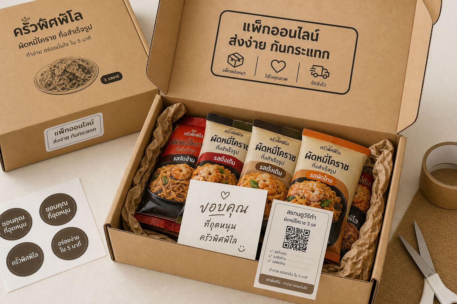 ตัวอย่างกล่องส่งออนไลน์สำหรับผัดหมี่โคราชพร้อมการ์ดขอบคุณและ QR วิธีทำ