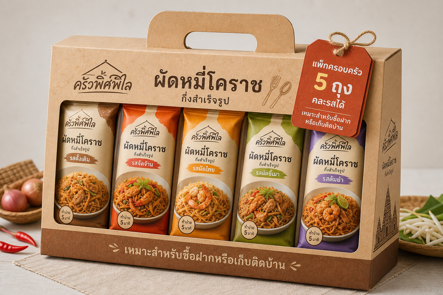 ตัวอย่างแพ็กครอบครัว 5 ถุงแบบถุงหูหิ้วหรือกล่องมีหู