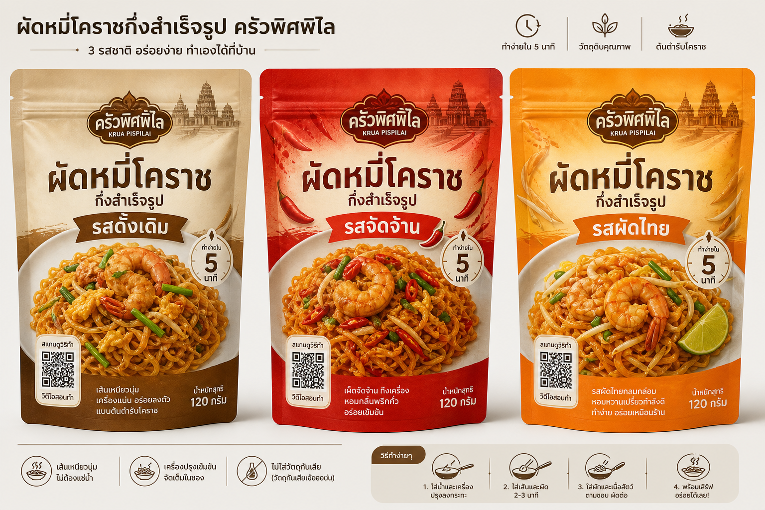 ตัวอย่างซองผัดหมี่โคราชกึ่งสำเร็จรูป 3 รส