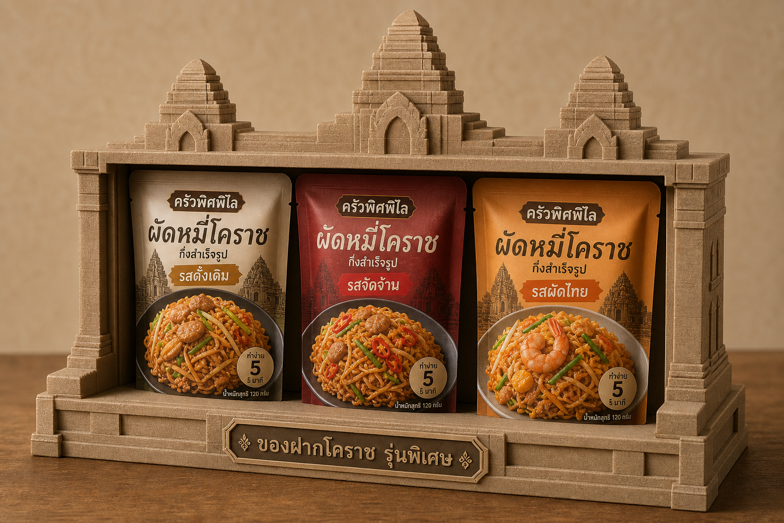 ตัวอย่างชุดของฝากผัดหมี่โคราชรุ่นพิเศษในกล่อง 3D print แรงบันดาลใจจากสถาปัตยกรรมโคราช