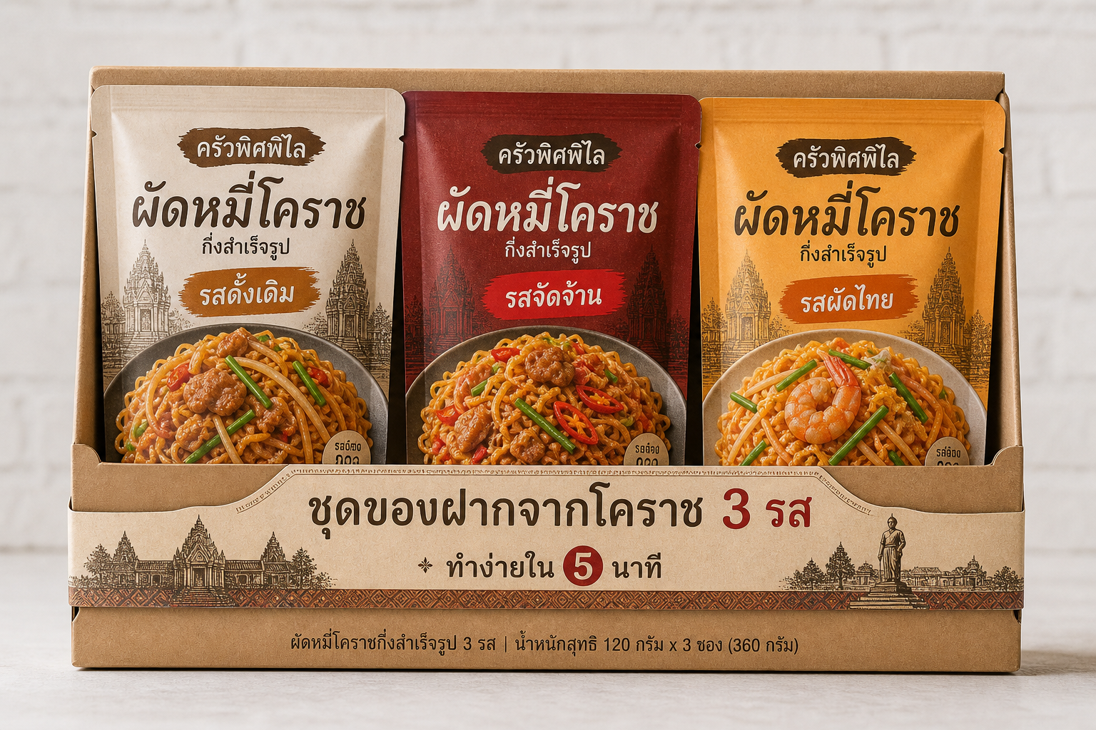 ตัวอย่างชุดของฝากผัดหมี่โคราช 3 รสในกล่องกระดาษคราฟต์